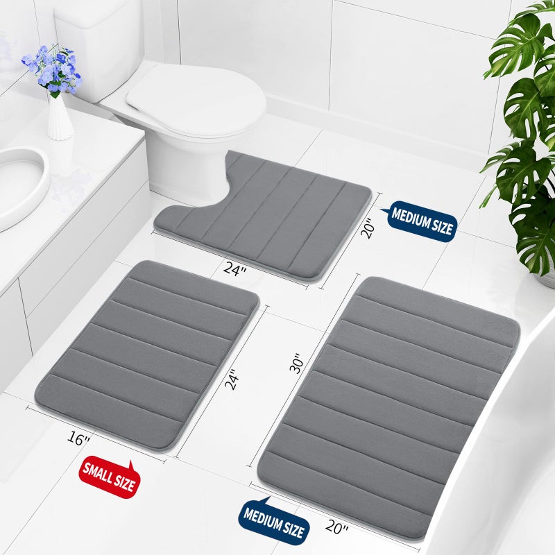 Buganda Memory Foam 3 Pieces Bathroom Rugs Set - Thick Soft Absorbent Non-Slip Bath Mats, Washable Small/Large/Contour Bath Rugs (24" x 16" + 30" x 20" + 24" x 20", Grey) - Image 2